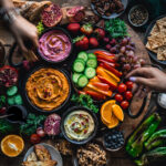 A photo of a colourful vegetarian food platter featuring an assortment of fresh vegetables, dips, and grains - photography competition submission