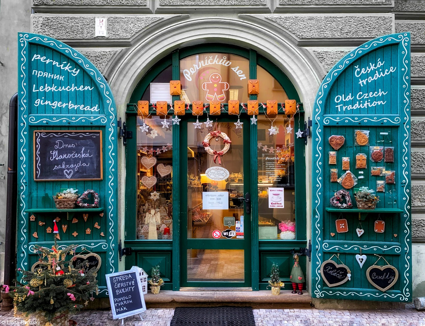 a bakery in winter selling gingerbread